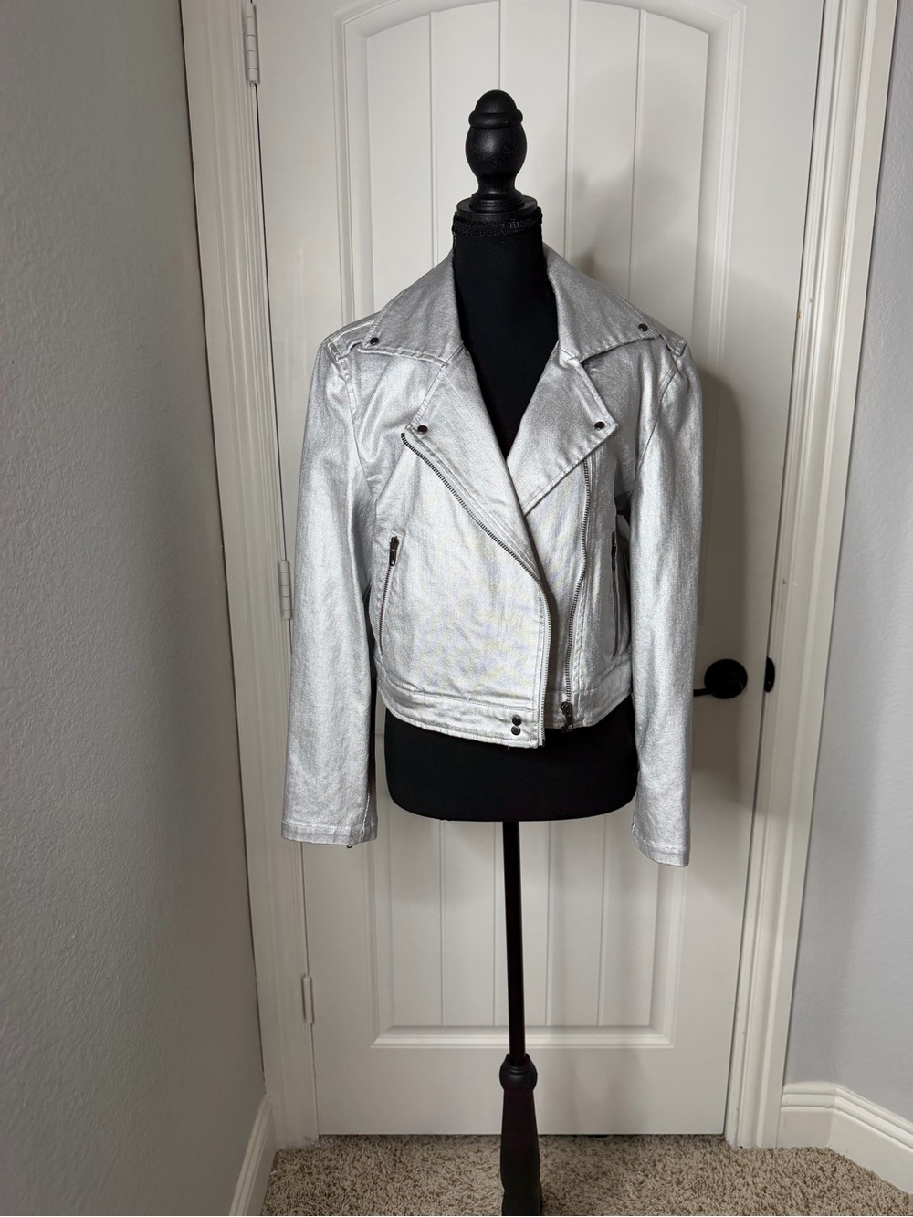 Silver Women's Faux Leather Moto Jacket - Metallic Biker Coat